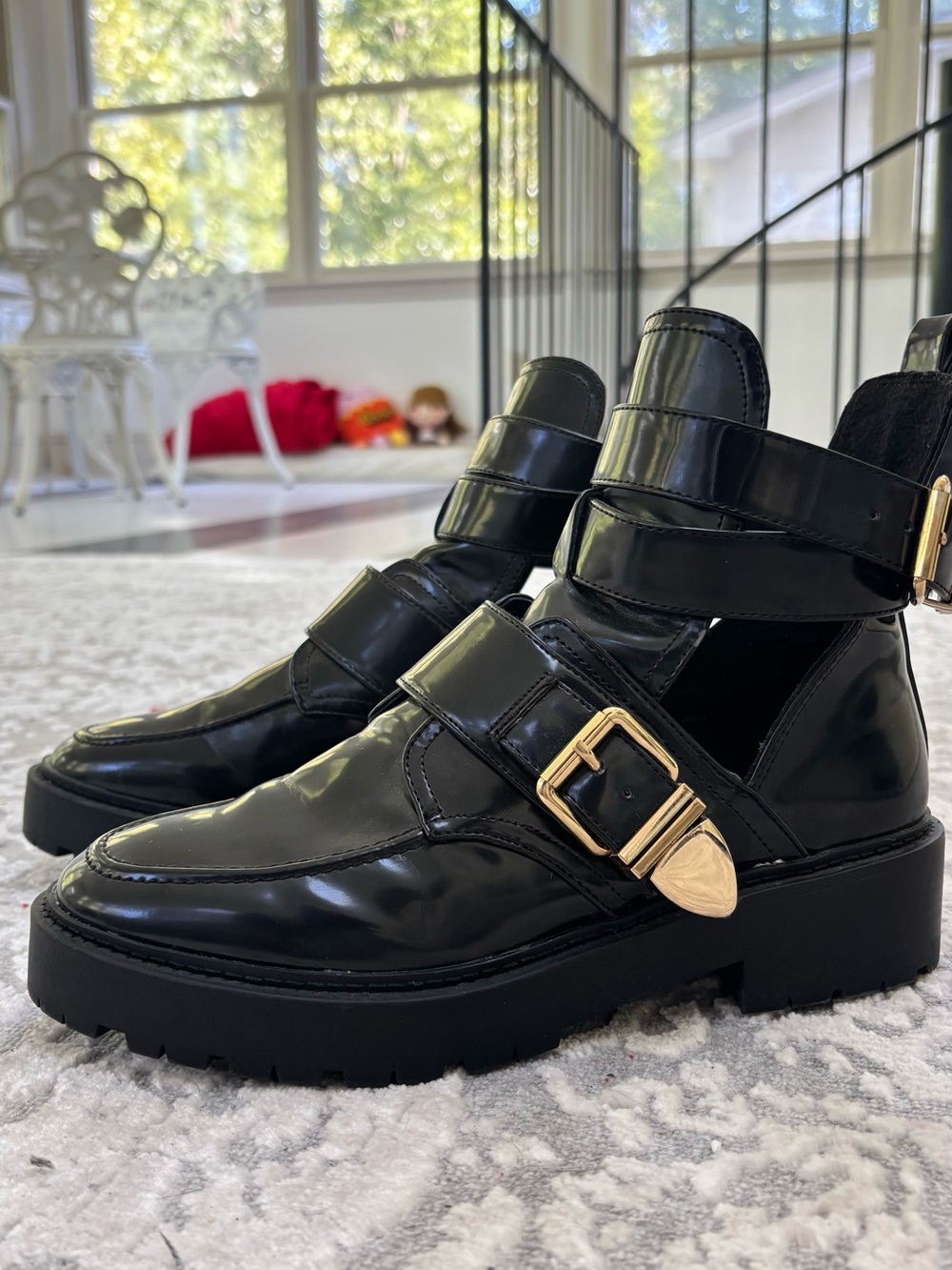 River Island Black Leather Buckle Strap Ankle Boots with Gold Accents